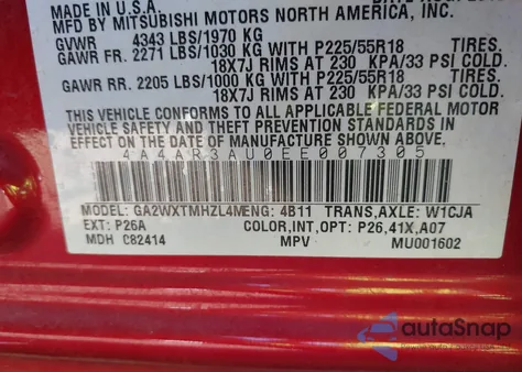 2014 Mitsubishi Outlander Sport Es z USA, uszkodzony, nr VIN 4A4AR3AU0EE007305